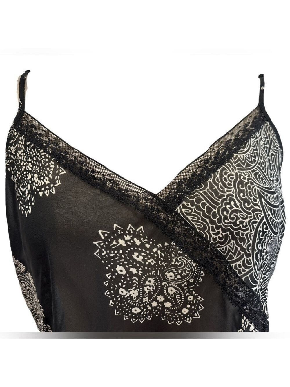 90s 2PC DELICATES BOHO SHEER BLK & CREAM PAISLEY CROP TOP & WIDE LEG PANT SZ XL - Picture 7 of 16